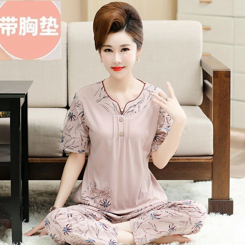 带挂胸垫中老年人睡衣女夏季薄款纯棉短袖长裤休闲妈妈家居服夏天