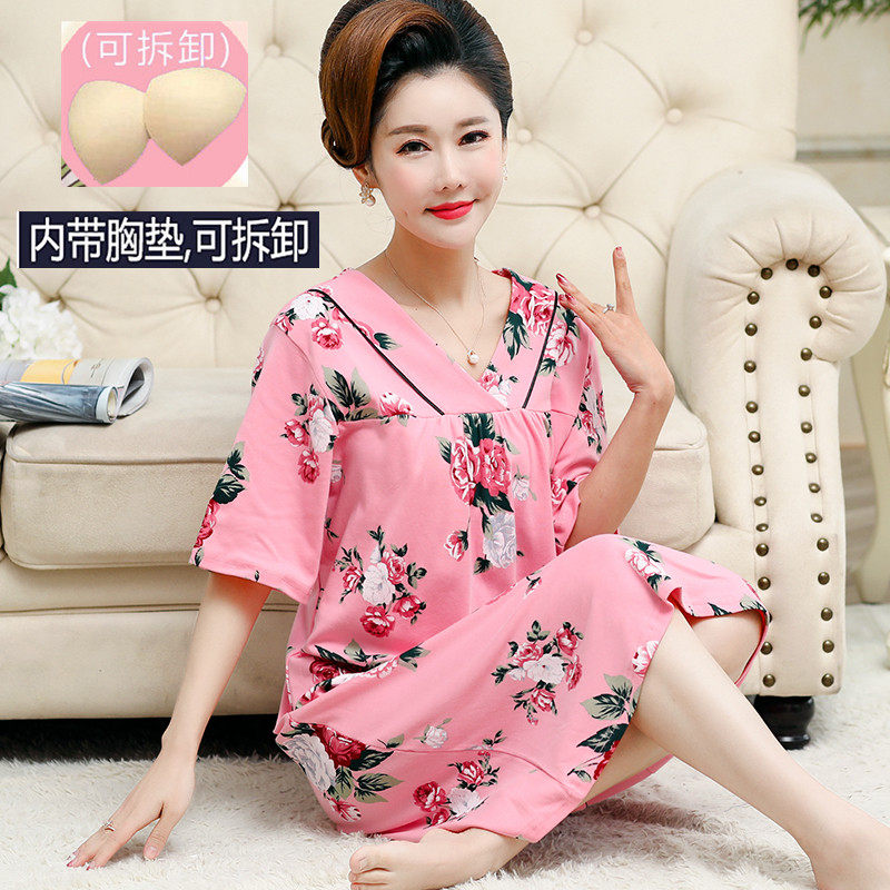 夏款纯棉手感防走光免穿文胸睡裙女 肥婆胖mm 新品200斤老人睡衣