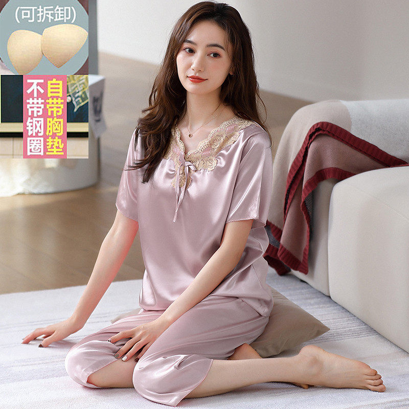 自带文胸垫丝绸睡衣女士夏季