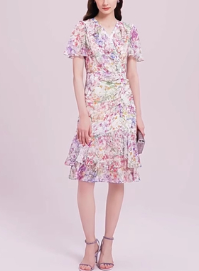 现货速发 2025夏季新款拉珂同款气质喇叭袖印花连衣裙RF06958V1