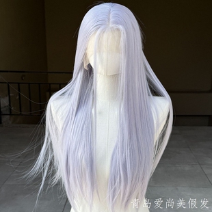 紫灰色长直发假发女前蕾丝可齐可斜刘海高温丝日常整顶cos造型