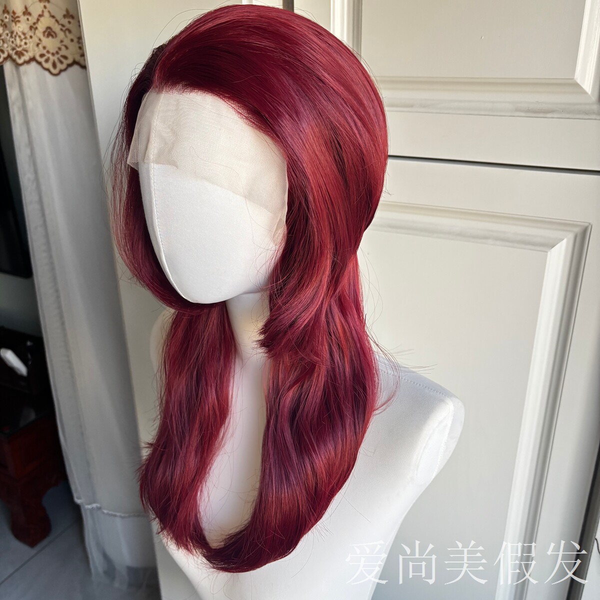 酒红中长卷丝质自然狼尾整顶假发