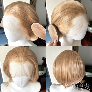 女士浅金色三尖短发假发高温丝前额蕾丝手钩整顶假发套可定颜色