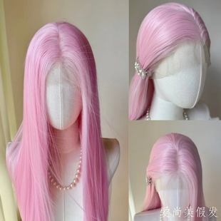 粉色手钩整顶假发女长直发前额蕾丝随意分缝自然cos假发