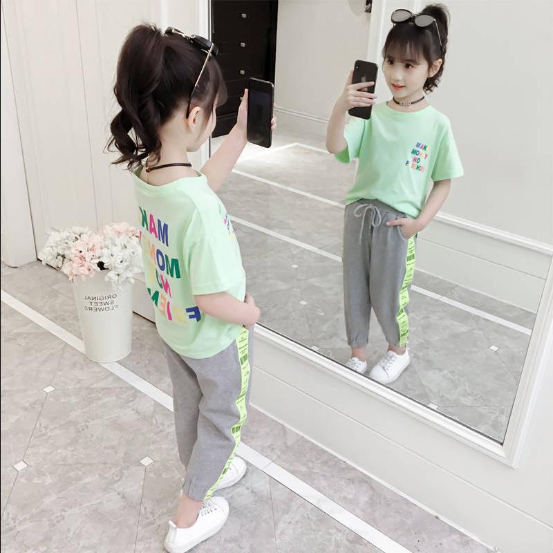 Girls summer 2019 new pattern suit Korean Edition Big boy Western style leisure time motion Two piece set Short sleeved Mosquito controlin the Women's clothing/Boutique , Shirt  category - from Buy2taobao.com to provide professional Taobao agent buy service