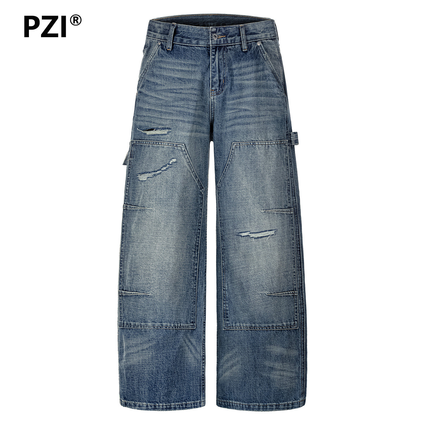 PZI美式潮牌复古水洗夏季牛仔裤男磨破洞休闲直筒马毛皮贴袋长裤