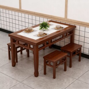 实木面馆餐桌椅组合商用仿岩板玻璃早点铺 饭店 快餐专用长条桌凳