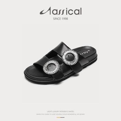 卡斯高伦敦眼夏真皮羊皮水钻外穿拖鞋厚底露趾一字凉拖女