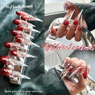 血色晕染龙爪兽爪穿戴甲欧美朋克美甲碎钻晕染美甲纯手工暗黑美甲