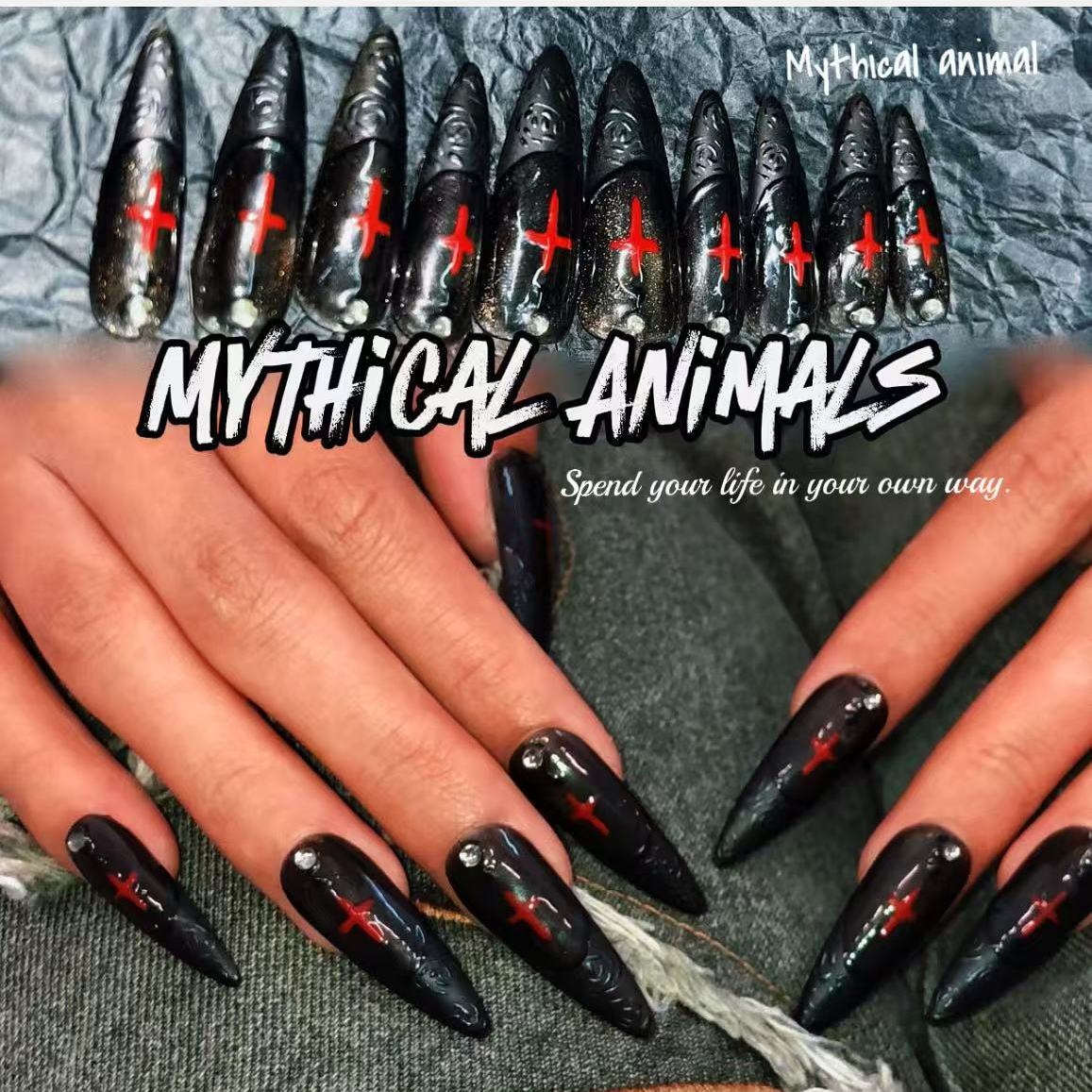 绯红·吸血鬼女伯爵！磨砂猫眼爆款美甲穿戴甲欧美款十字架哥特风