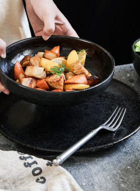 艺家陶瓷黑色泼墨复古餐具水果沙拉碗面菜碗牛排盘家用菜盘深盘子