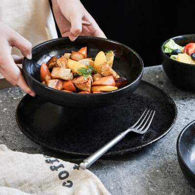 艺家陶瓷黑色泼墨复古餐具水果沙拉碗面菜碗牛排盘家用菜盘深盘子