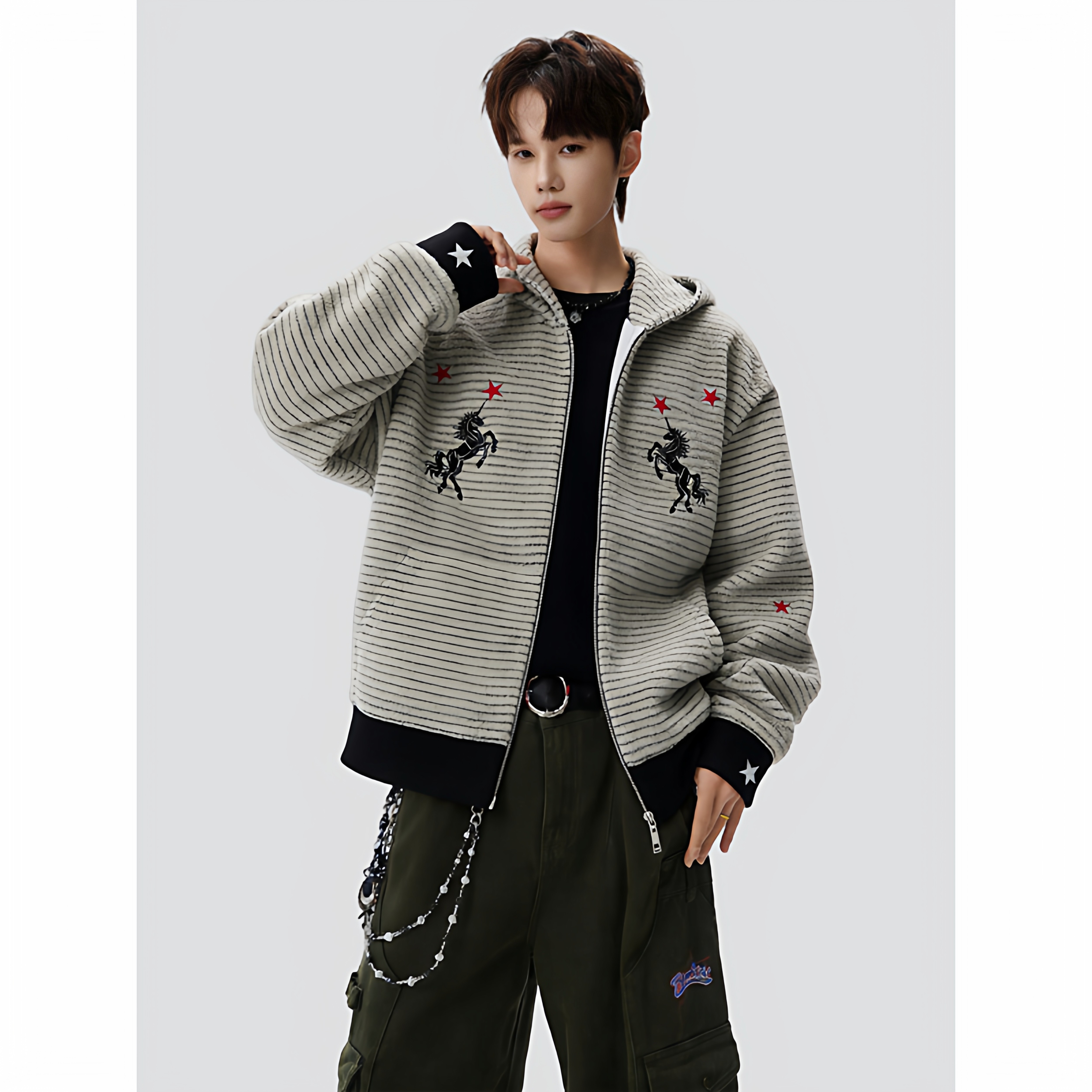 26春美式独角兽刺绣条纹毛绒开衫连帽卫衣男女百搭705-jk5901-P88，男装卫衣，星座705