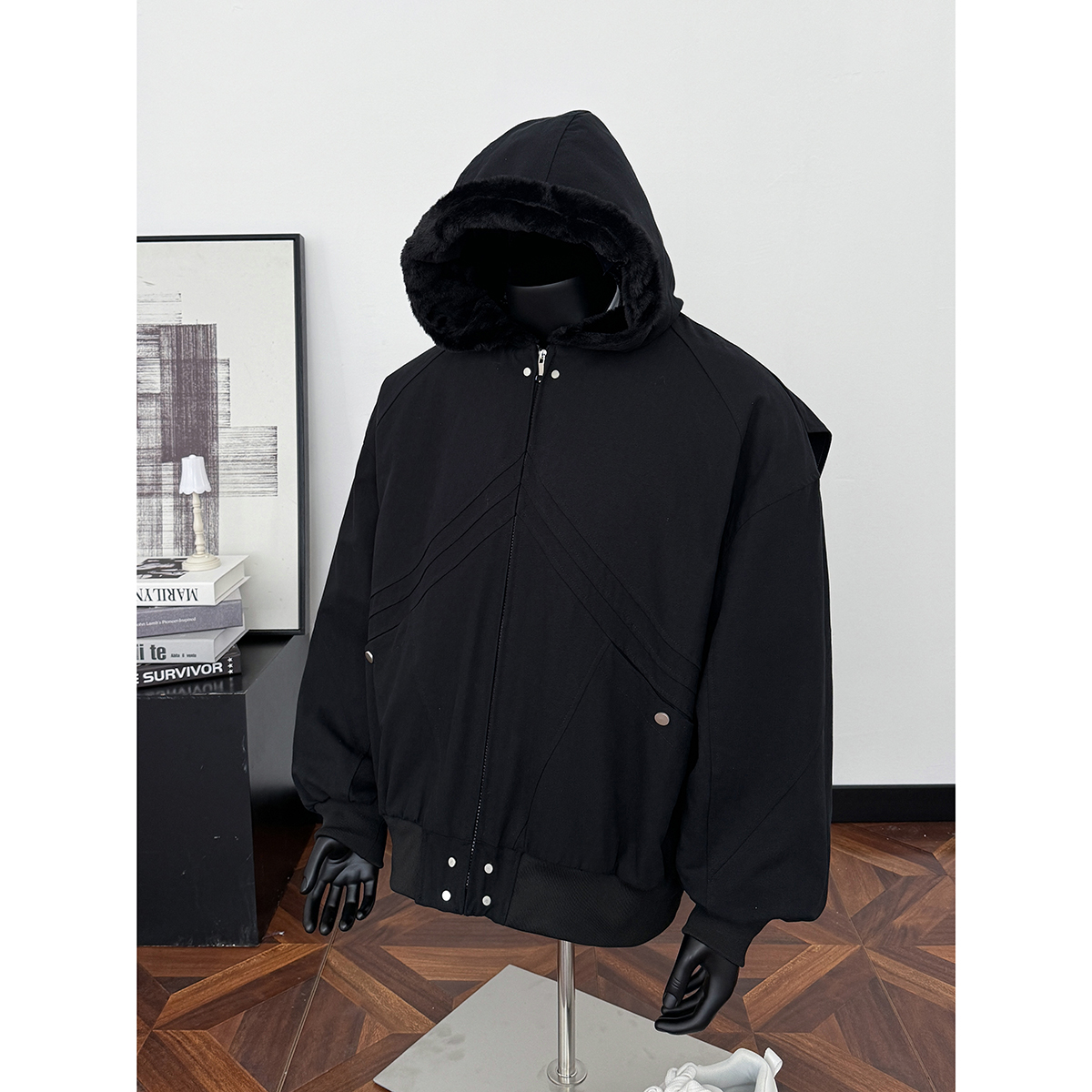 25冬新款潮美式连帽座山雕加毛加厚保暖外套棉服705-M73-P128，男装棉衣，星座705
