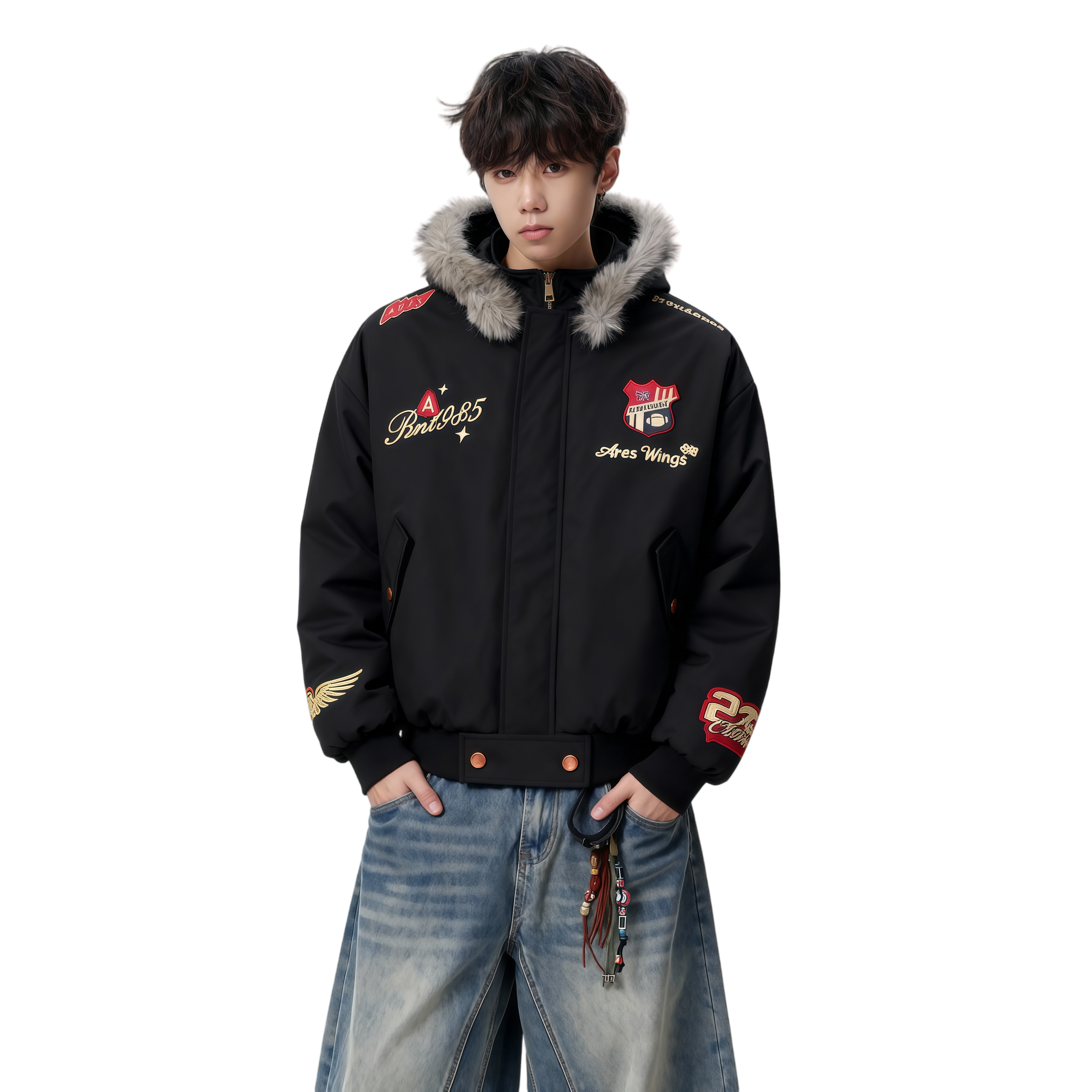 25冬复古刺绣徽章座山雕拆卸帽毛领美式暖棉服特批705-M3699-P100,男装棉衣,星座705