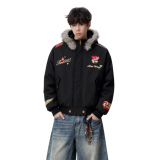 25冬复古刺绣徽章座山雕拆卸帽毛领美式暖棉服特批705-M3699-P100，男装棉衣，星座705