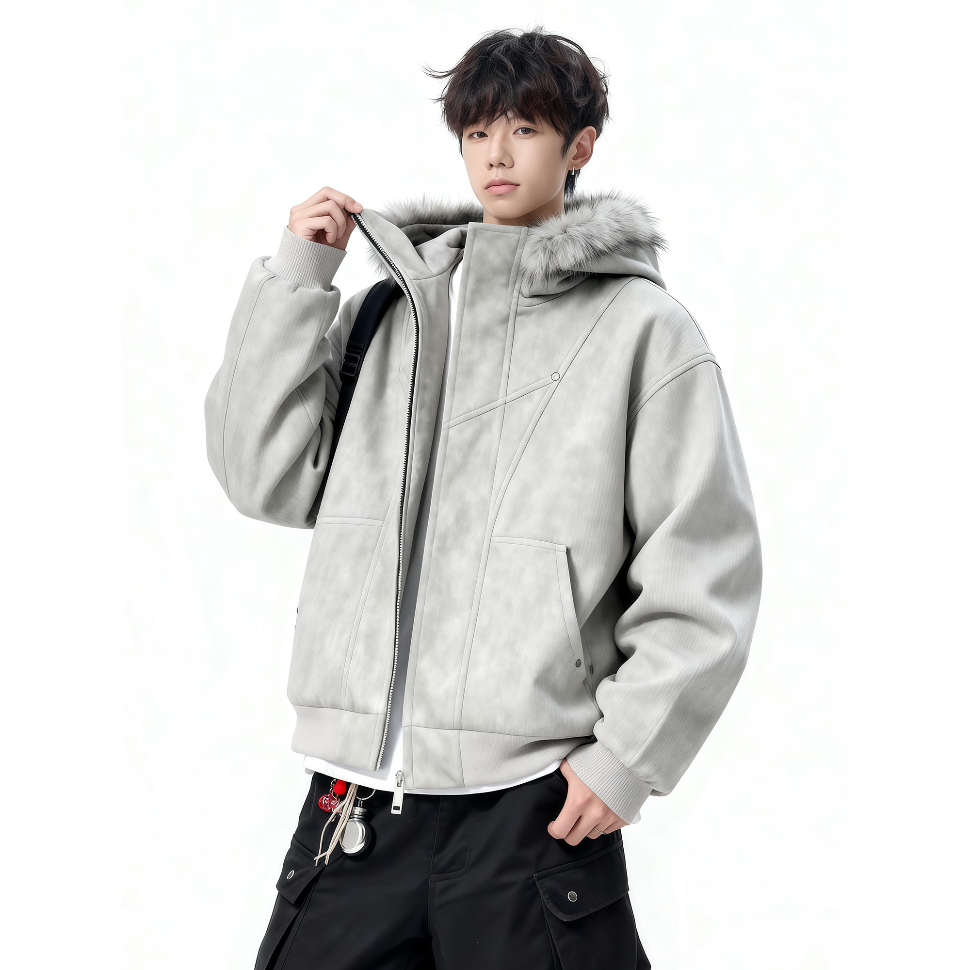 25冬座山雕加绒加厚连帽毛领式扎染棉服复古美特批705-W3692-P100,男装棉衣,星座705