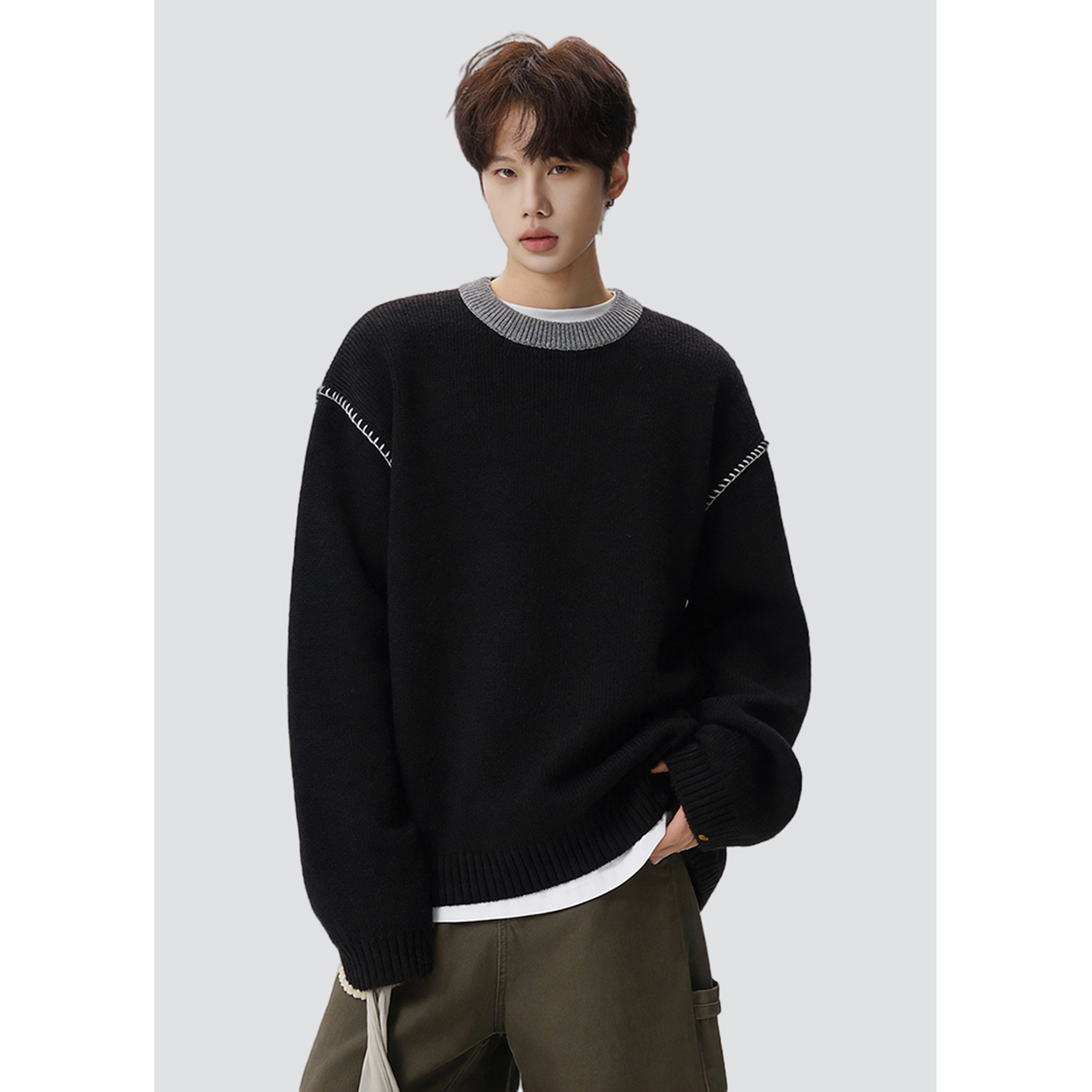 26春老钱风撞色手工明线圆领套头重磅男女情侣毛衣705-Y816-TP55，男装针织衫/毛衣，星座705