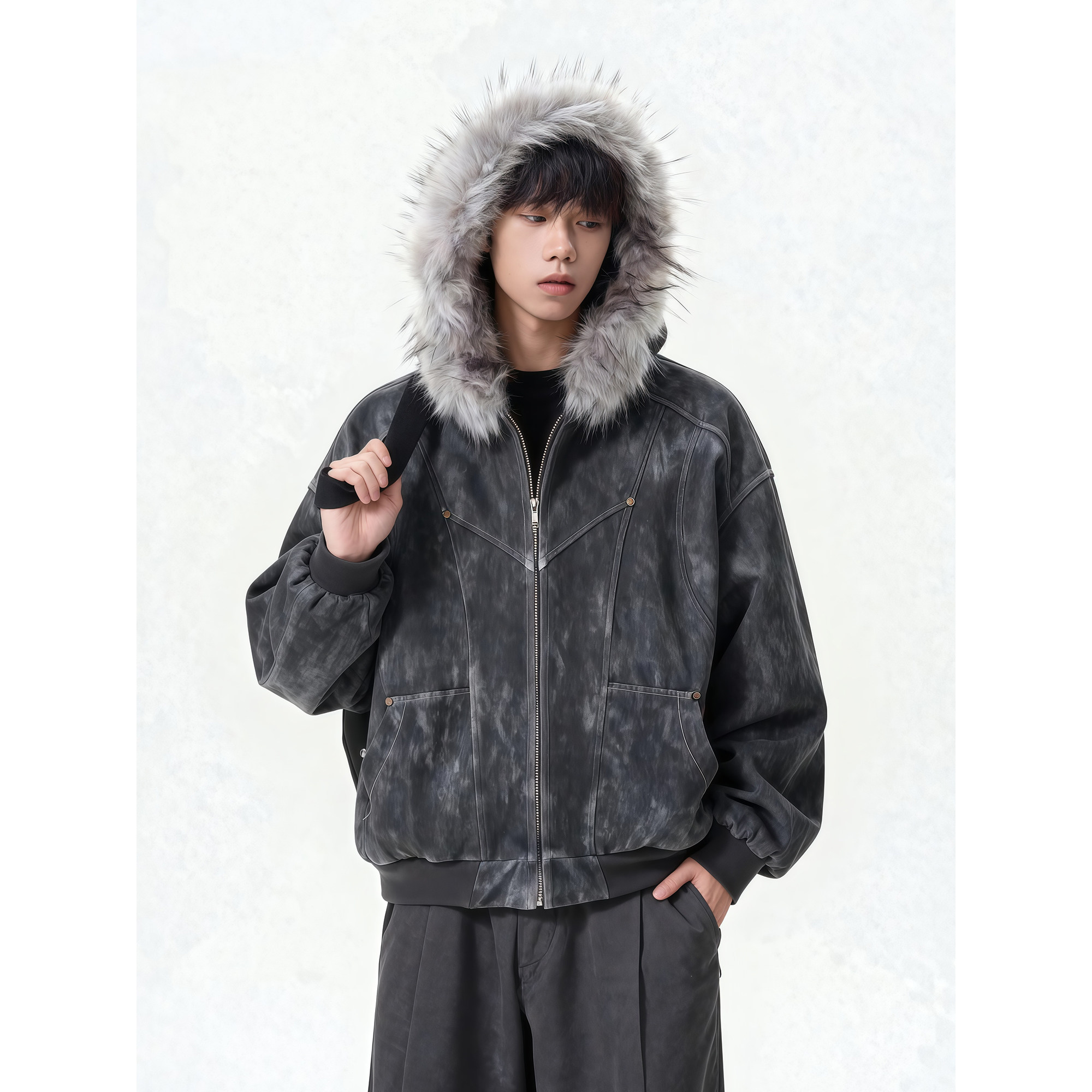 25冬座山雕加绒加厚连帽毛领式扎染棉服复古美特批705-W3692-P100,男装棉衣,星座705