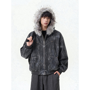 25冬座山雕加绒加厚连帽毛领式扎染棉服复古美特批705-W3692-P100图片