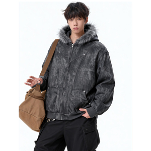 25冬座山雕加绒加厚连帽毛领式扎染棉服复古美特批705-W3692-P100