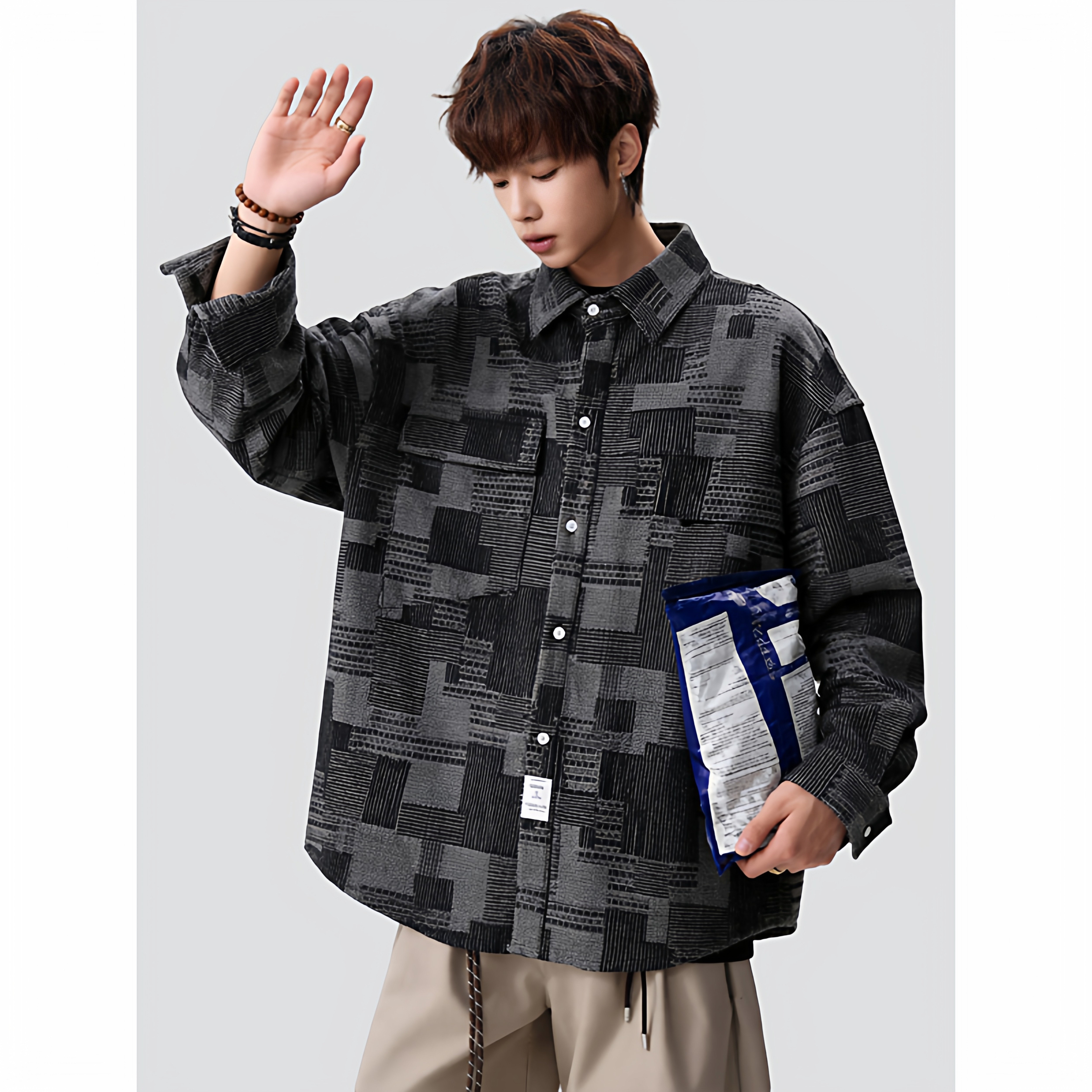 26春美式复古宽松牛仔痞帅格子韩版衬衣上衣休闲705-C1883-P48，男装衬衫，星座705