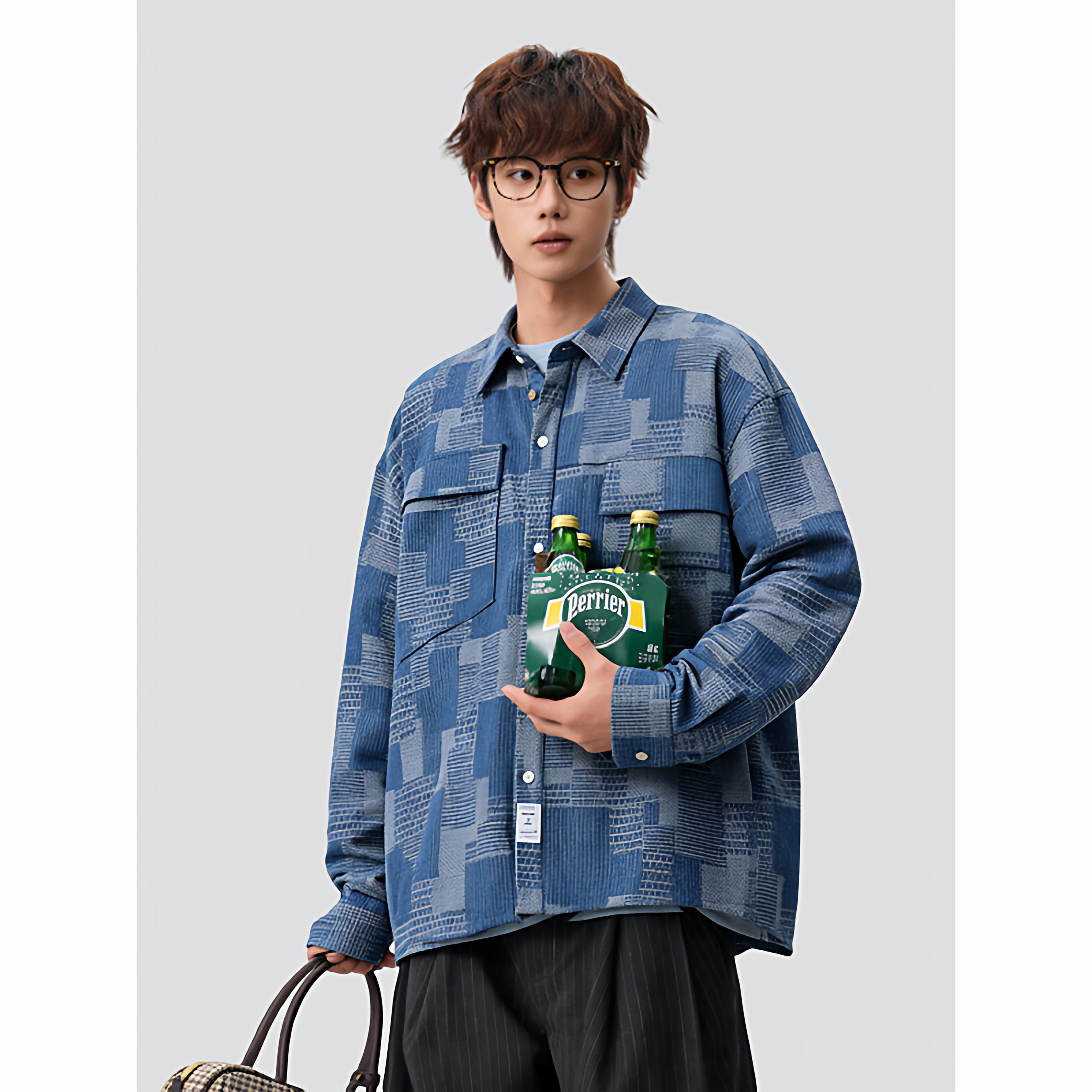 26春美式复古宽松牛仔痞帅格子韩版衬衣上衣休闲705-C1883-P48，男装衬衫，星座705