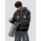 26春美式独角兽刺绣条纹毛绒开衫连帽卫衣男女百搭705-jk5901-P88，男装卫衣，星座705