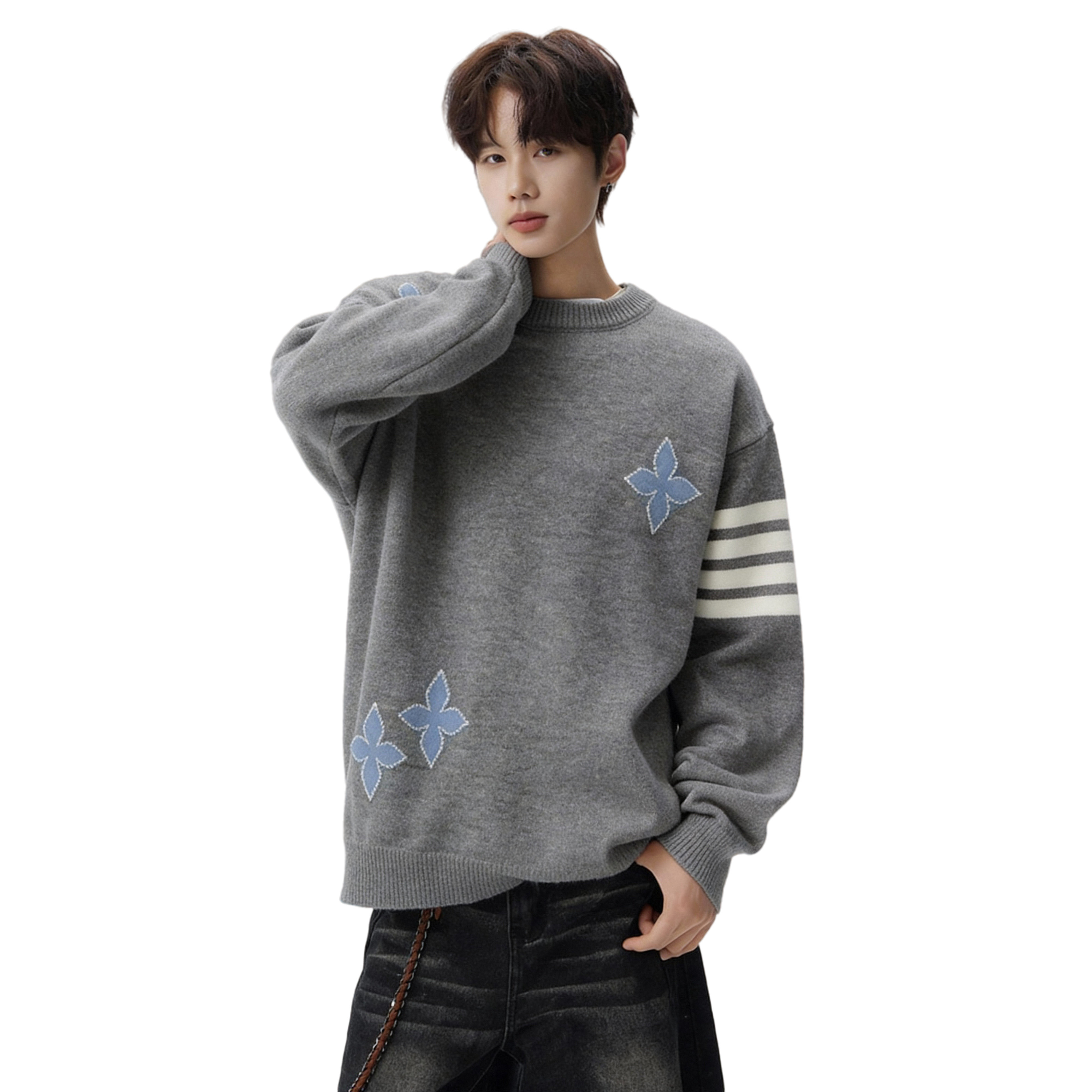 25冬潮轻奢高端撞色圆领慵懒风四叶条纹韩版针织毛衣705-Y812-P55，男装针织衫/毛衣，星座705