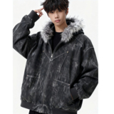 25冬座山雕加绒加厚连帽毛领式扎染棉服复古美特批705-W3692-P100，男装棉衣，星座705