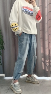 潮牌破洞牛仔裤男士街头痞帅束脚裤ins直筒宽松阔腿休闲裤子