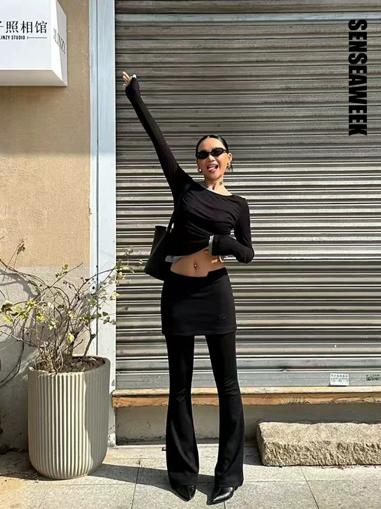 SENSEAWEEK · 25春夏新品高弹亲肤假两件分割错位微喇打底裤