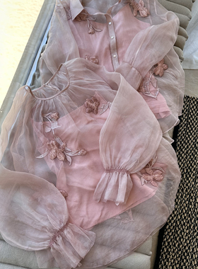 章海燕欧根纱百分百真丝刺绣仙气新中式衬衫上衣