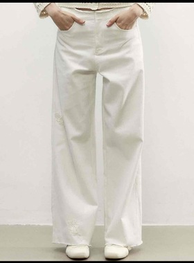 NONETONE · Nonetone白色刺绣手工钉珠银丝纺棉牛仔裤