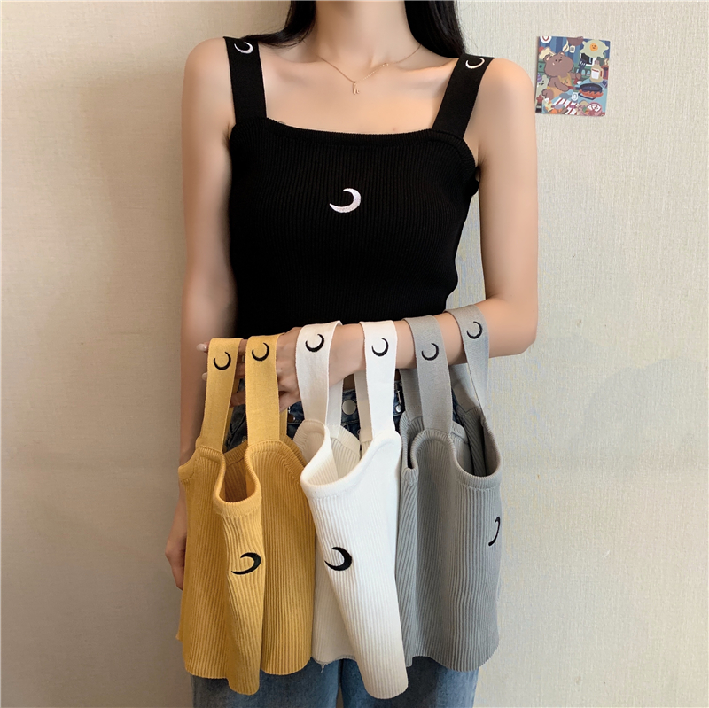 Real price ~ New Korean moon embroidery versatile knitting suspender vest blouse