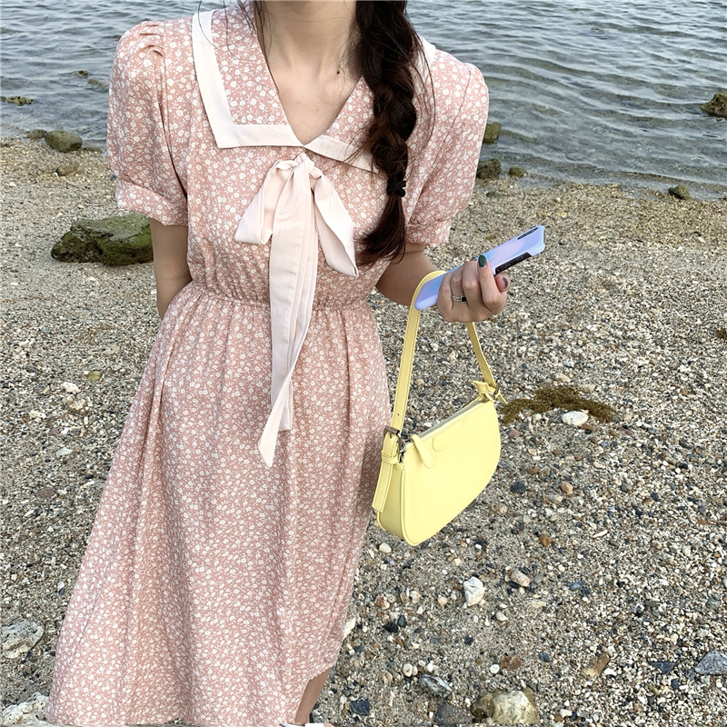 Real price French retro temperament small floral Lapel bow Short Sleeve Dress