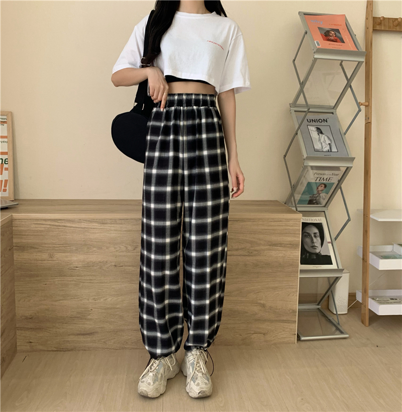 Real shot real price ~ Korean version new retro corset plaid pants leisure sports pants