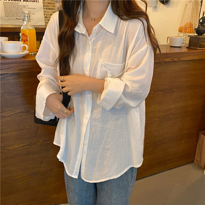 實拍實價春款韓版寬鬆落肩袖襯衫簡約基礎款褶皺雙口袋襯衣