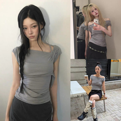 现货！韩国Flareup辣妹T恤分层夏季新款叠穿不对称设计短袖上衣女