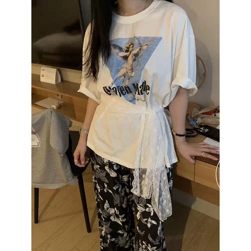 现货！韩系慵懒风丘比特天使印花T恤+蕾丝花边A字半身裙两件套女