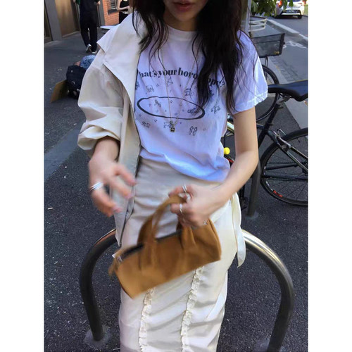 星座字母印花T恤2026春季新款韩国the br*athe做旧复古短袖上衣女