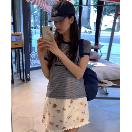现货！viaplain撞色条纹字母短袖T恤韩国东大门夏季新款上衣女