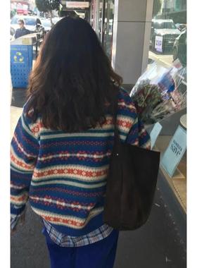 秒发！高级感25冬韩国sie*ne气质复古撞色重工提花针织套头毛衣女