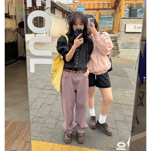 现货！viaplain灰紫色高腰直筒裤女韩国26新款宽松简约休闲长裤子