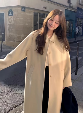 秒发！OUNCE温柔翻领羊毛大衣韩国25冬气质简约纯色过膝长款外套