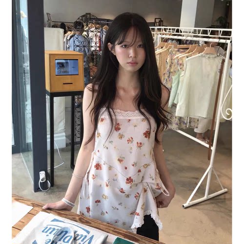 viaplain碎花蕾丝吊带裙东大门夏季新款系带显瘦连衣裙韩系短裙女