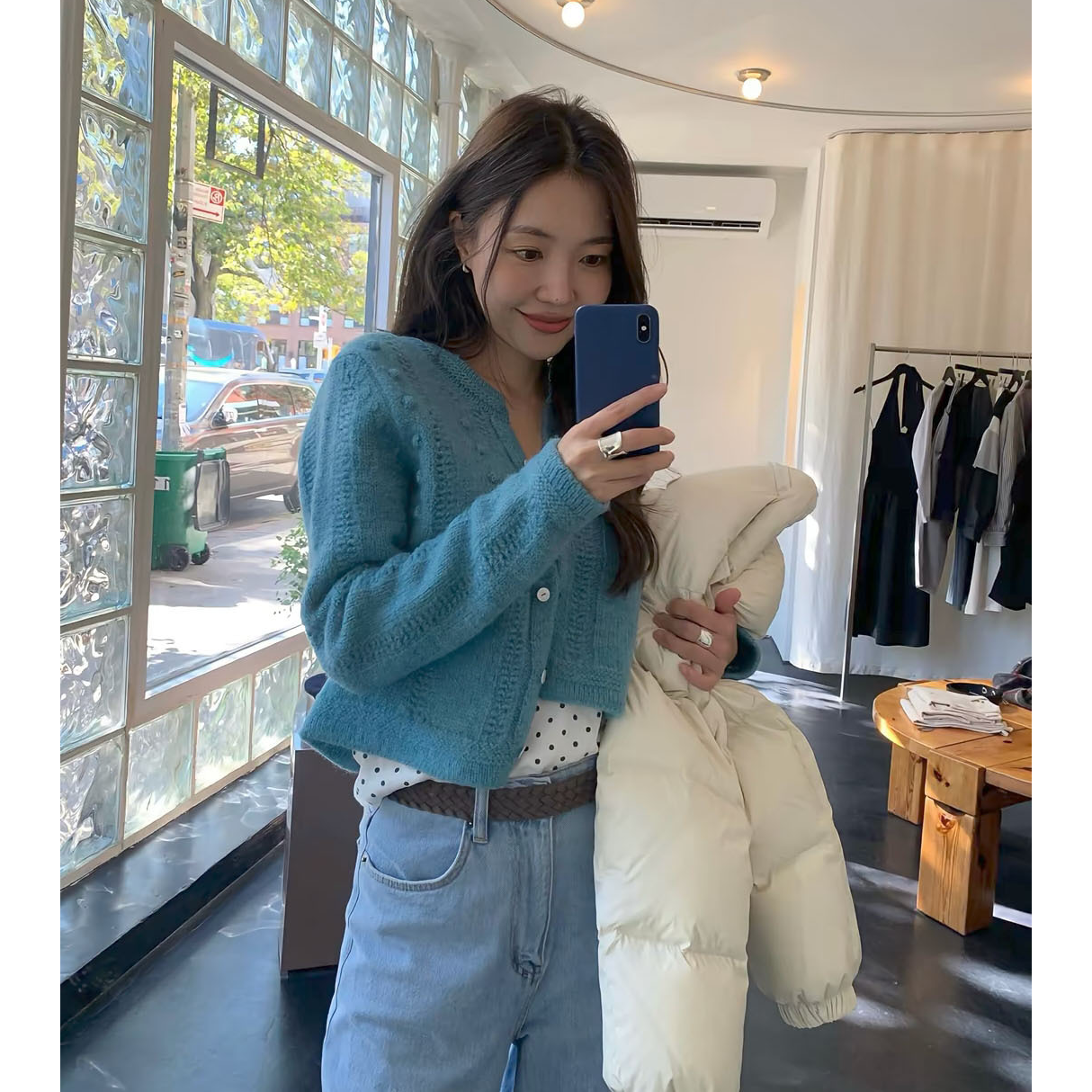 陆续！tannat镂空针织开衫25冬韩国立体波点圆领单排扣羊毛上衣女