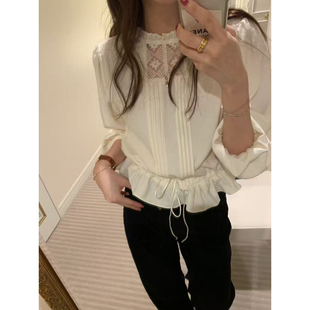 法式 新品 优雅褶皱花边长袖 韩国2026春季 复古叠穿上衣女 衬衫 现货