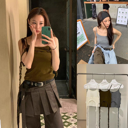 现货！小众木耳边两穿吊带韩国2026夏季新款设计感修身背心上衣女