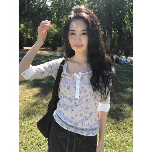秒发！甜妹天花板！韩国26秋archi圆领碎花七分袖T恤半身裙两件套